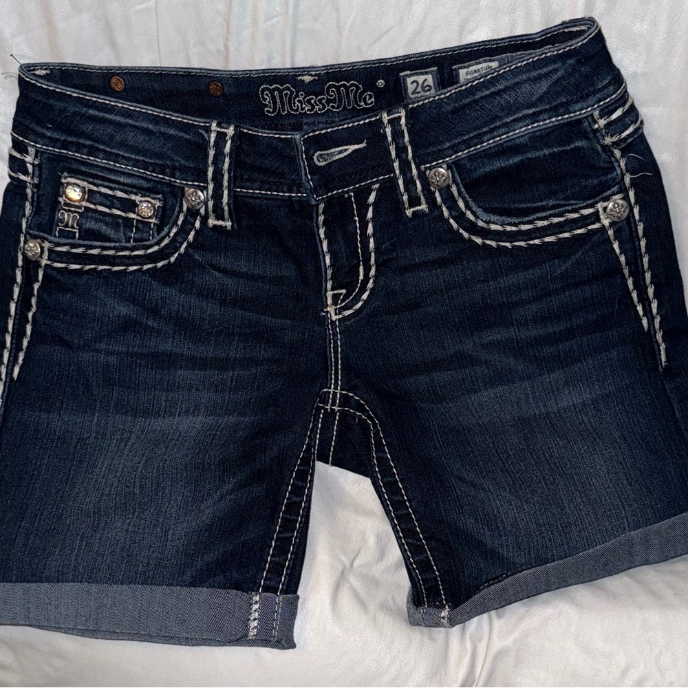 Miss Me Women's Navy Jean Shorts with White Stitching